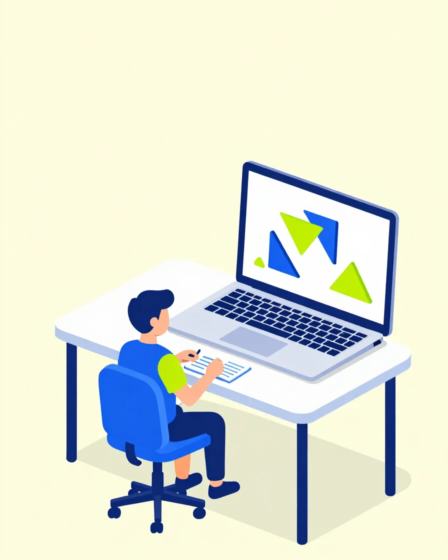 Ilustración plana vectorial de una mesa de trabajo luminosa con un portátil abierto mostrando formas geométricas de un e